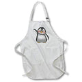 White apron with front pocket, penguin illustration with black outlines and waving pose