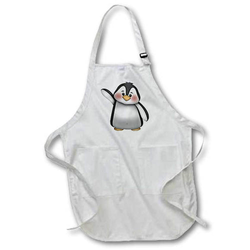 White apron with front pocket, penguin illustration with black outlines and waving pose