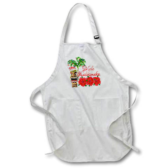 Full-length white apron with front pocket and Santa tiki Christmas graphic