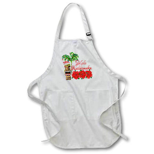 Full-length white apron with front pocket and Santa tiki Christmas graphic