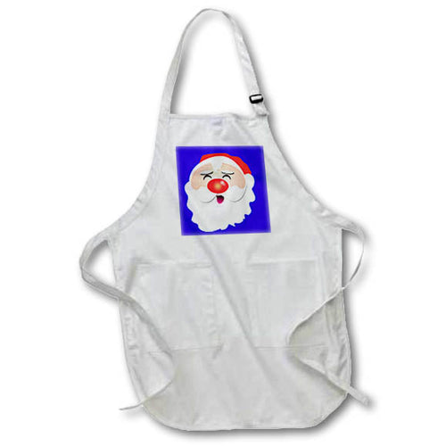 White apron with cartoon Santa face graphic on chest pocket