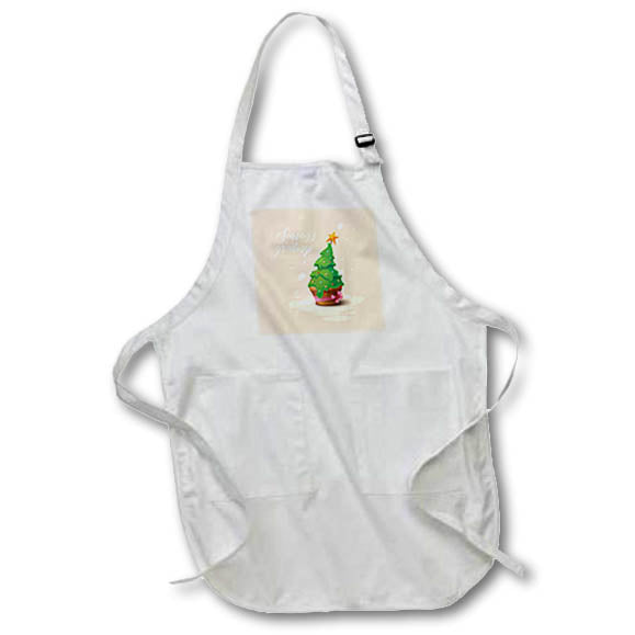 White full-length apron with pocket, green Christmas tree graphic and yellow star