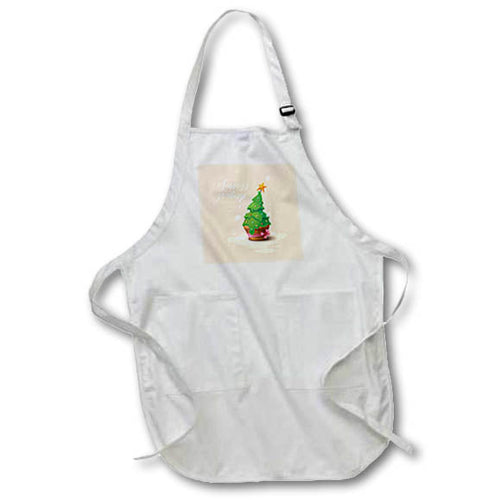 White full-length apron with pocket, green Christmas tree graphic and yellow star