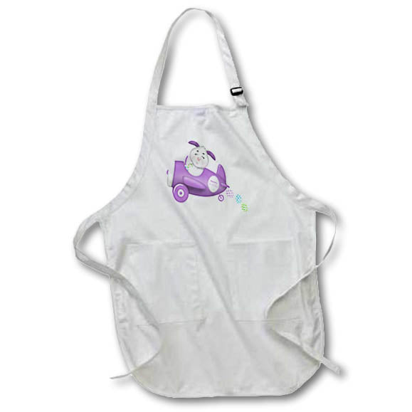 White apron with front pocket and purple Easter bunny flying a plane illustration