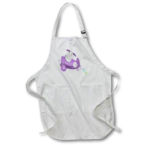 White apron with front pocket and purple Easter bunny flying a plane illustration