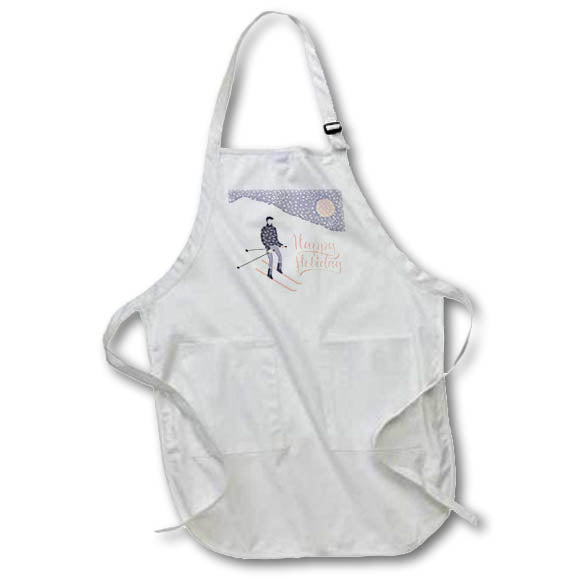 White holiday ski and snow apron with front pocket and printed typography, adjustable strap