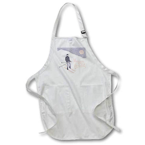 White holiday ski and snow apron with front pocket and printed typography, adjustable strap