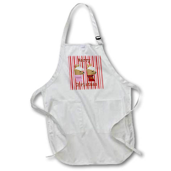 White apron with front pocket, red striped panel and llama Christmas graphic, adjustable neck strap
