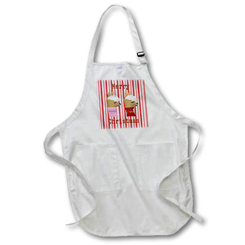 White apron with front pocket, red striped panel and llama Christmas graphic, adjustable neck strap