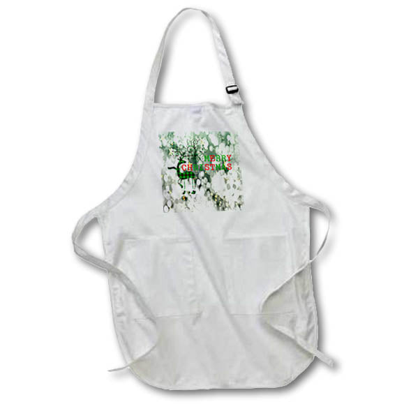 White full apron with front pocket and green reindeer holiday graphic