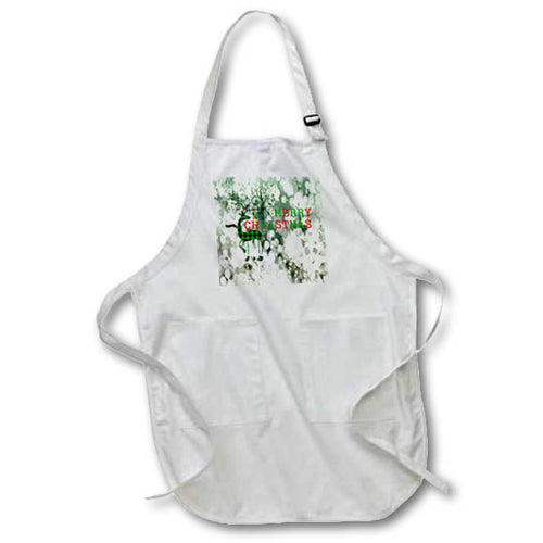 White full apron with front pocket and green reindeer holiday graphic