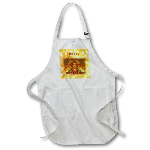 White apron with front pocket and vintage gold-and-red Christmas face graphic