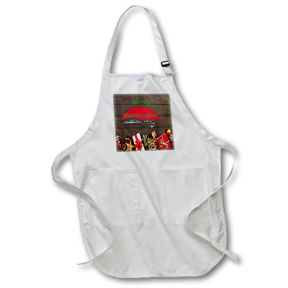 White apron with front pocket and Merry Christmas holiday print with cat
