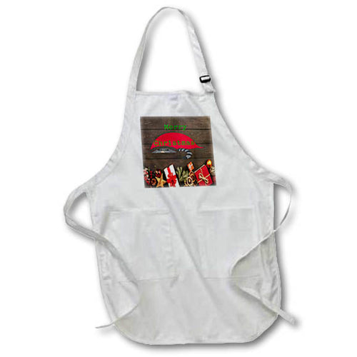 White apron with front pocket and Merry Christmas holiday print with cat