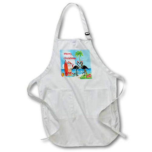 White apron with pocket, Merry Christmas beach scene print and palm trees