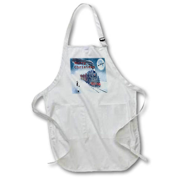 Apron, white full with front pocket and steam train Christmas graphic