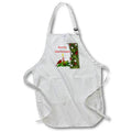 White apron with front pocket and Christmas cardinal graphic, adjustable neck strap.
