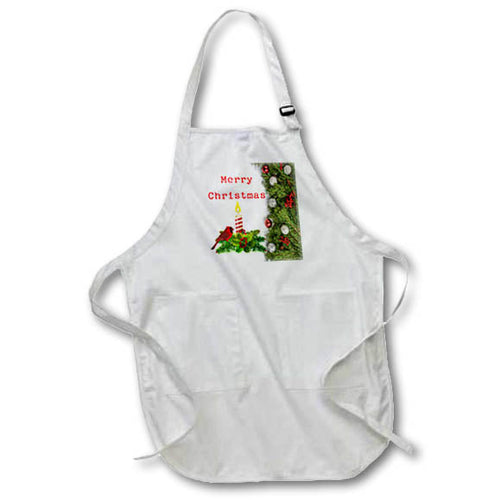 White apron with front pocket and Christmas cardinal graphic, adjustable neck strap.