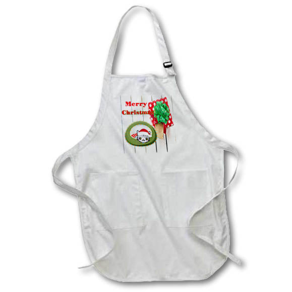White apron with adjustable neck strap and Christmas graphic on front pocket