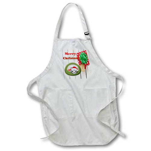 White apron with adjustable neck strap and Christmas graphic on front pocket