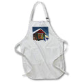 White apron with colorful Merry Christmas house and blue reindeer print, pocket front