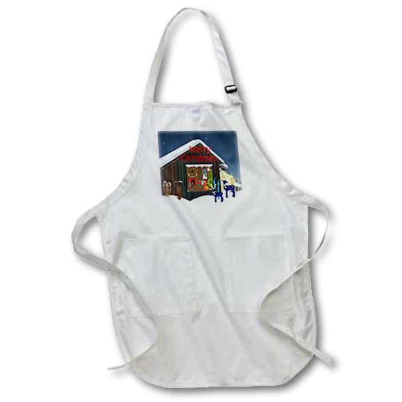 White apron with colorful Merry Christmas house and blue reindeer print, pocket front