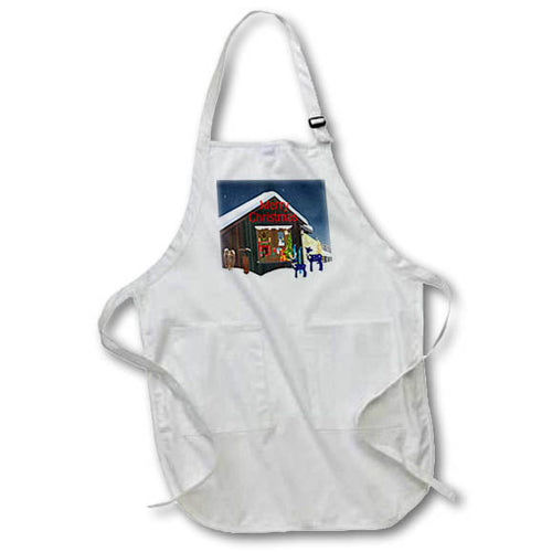 White apron with colorful Merry Christmas house and blue reindeer print, pocket front