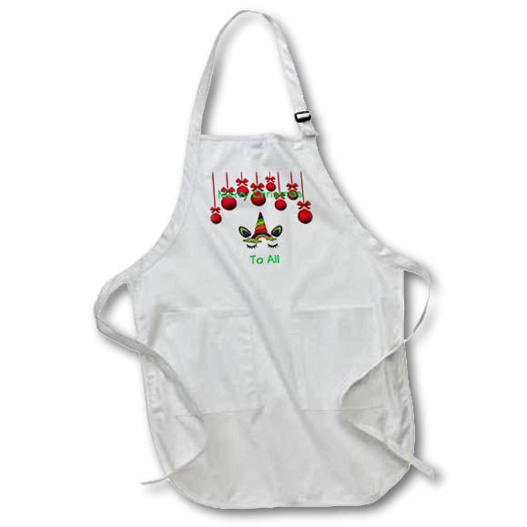 White apron with red ornament print, front pockets, and adjustable neck strap