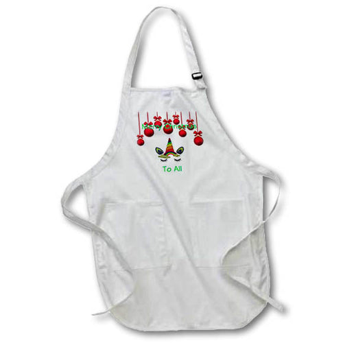White apron with red ornament print, front pockets, and adjustable neck strap