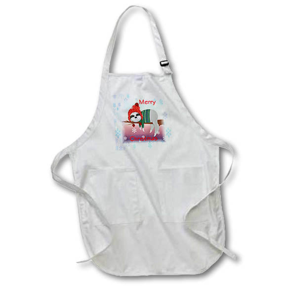 White apron with front pocket and Merry Christmas print with Santa-hat animal