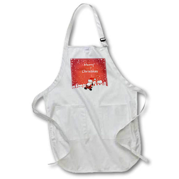 White Christmas apron with front pocket and red Merry Christmas Santa graphic
