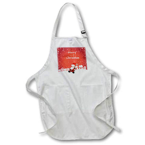 White Christmas apron with front pocket and red Merry Christmas Santa graphic