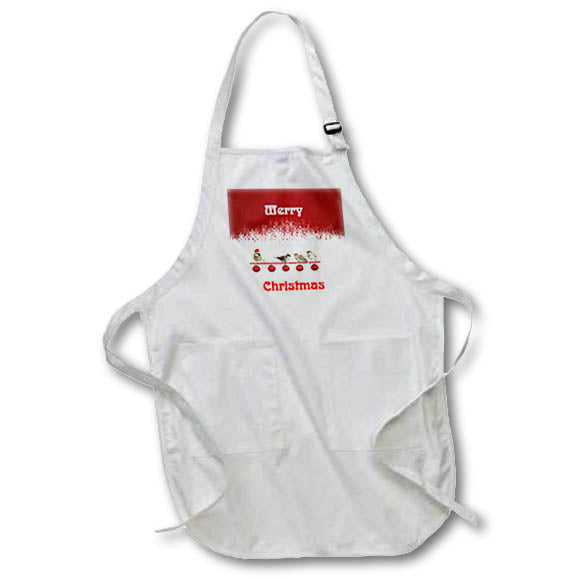 White apron with red “Merry Christmas” label and small chest graphic, neck strap