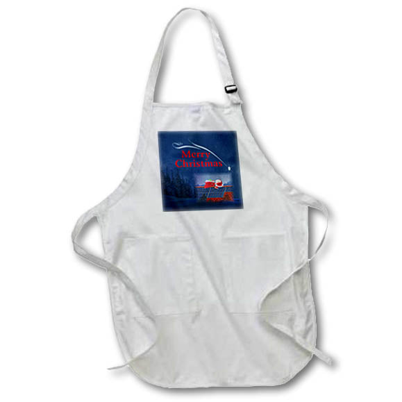 White apron with blue 'Merry Christmas' graphic pocket