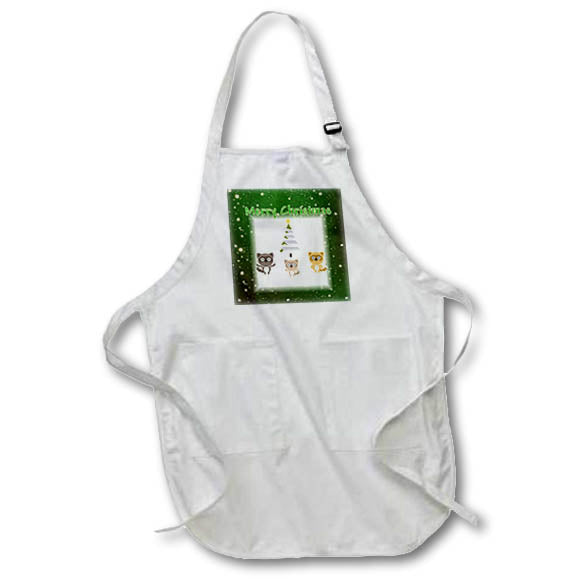 White apron with green front pocket panel showing Merry Christmas and three raccoons