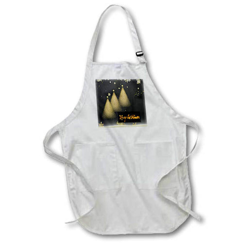White apron with front pocket, shiny gold Christmas tree graphic and text