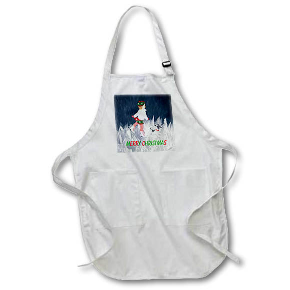 White full-length apron with front pocket and Merry Christmas skate scene