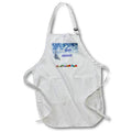 White apron with blue holiday print and text, adjustable neck strap, front pocket
