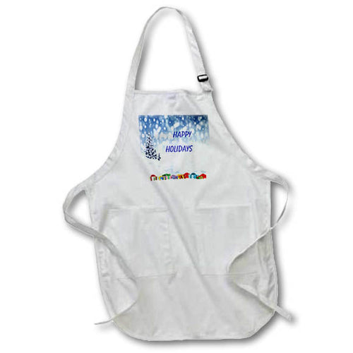 White apron with blue holiday print and text, adjustable neck strap, front pocket