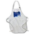 White apron with front pocket pouch and blue Happy Holidays tree print