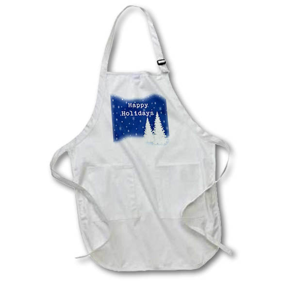 White apron with front pocket pouch and blue Happy Holidays tree print