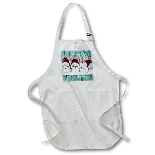 White apron with three snowmen wearing Santa hats and a front pocket