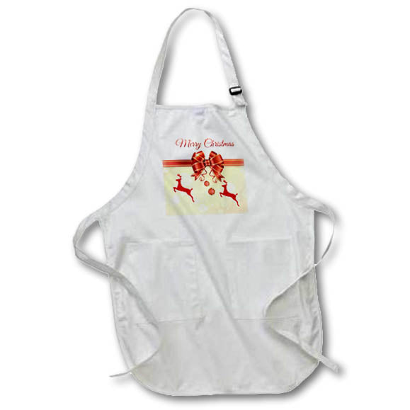 White apron with red reindeer and bow, Merry Christmas print, front pocket