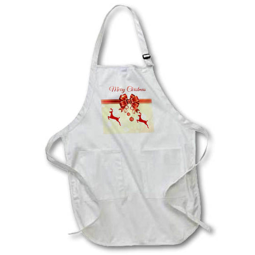 White apron with red reindeer and bow, Merry Christmas print, front pocket