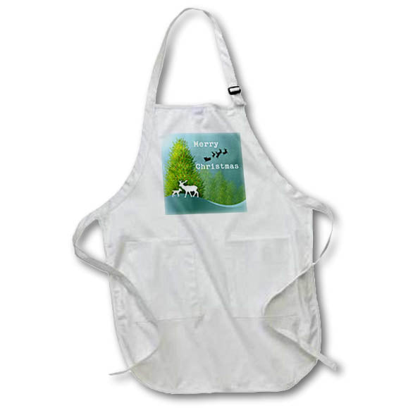 White Christmas apron with green pocket print of trees and deer