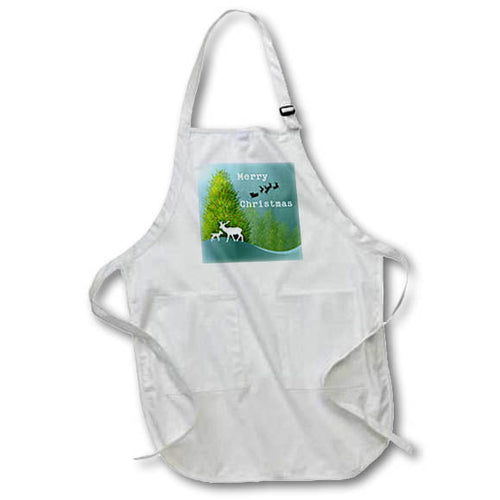 White Christmas apron with green pocket print of trees and deer