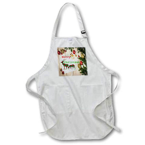 White apron with front pocket featuring Christmas deer and ornaments print