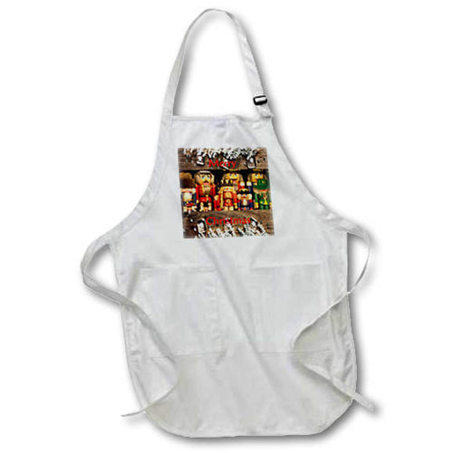 White apron with central printed pocket featuring nutcracker men and Merry Christmas text