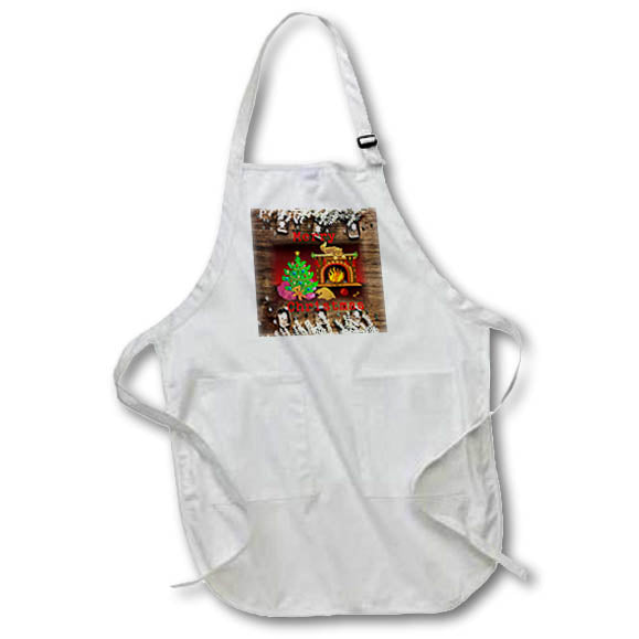 White kitchen apron with front pocket featuring colorful dog and cat holiday scene