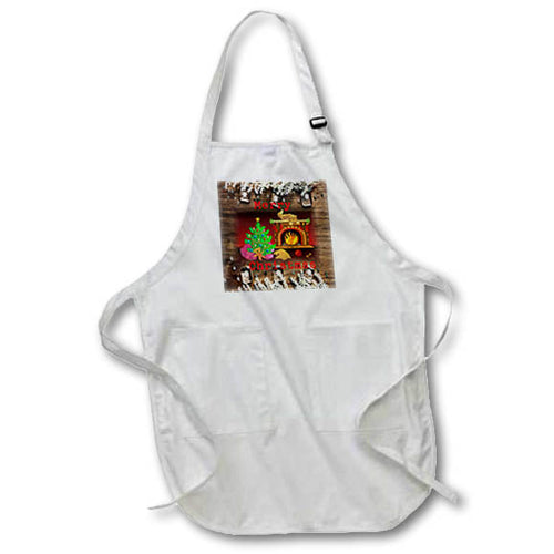 White kitchen apron with front pocket featuring colorful dog and cat holiday scene